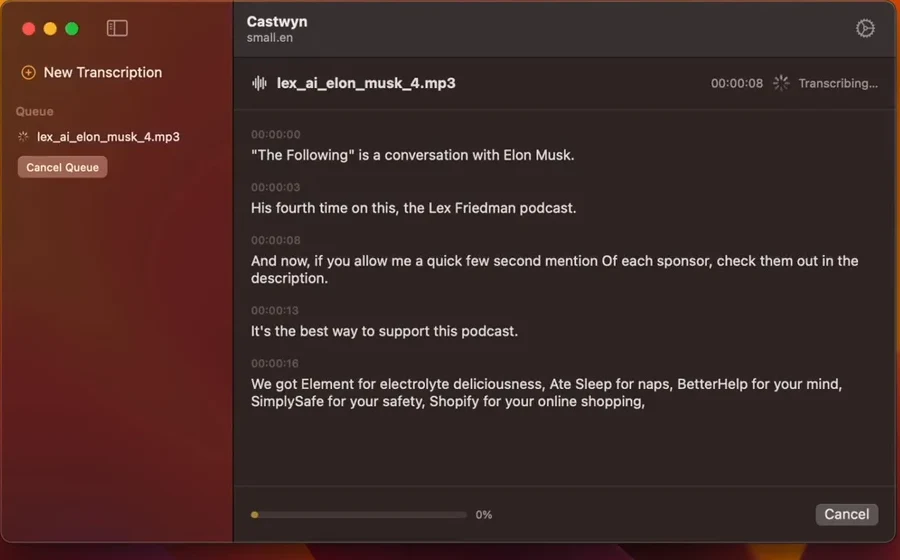 Castwyn’s Mac app transcribing a podcast into timestamped text.