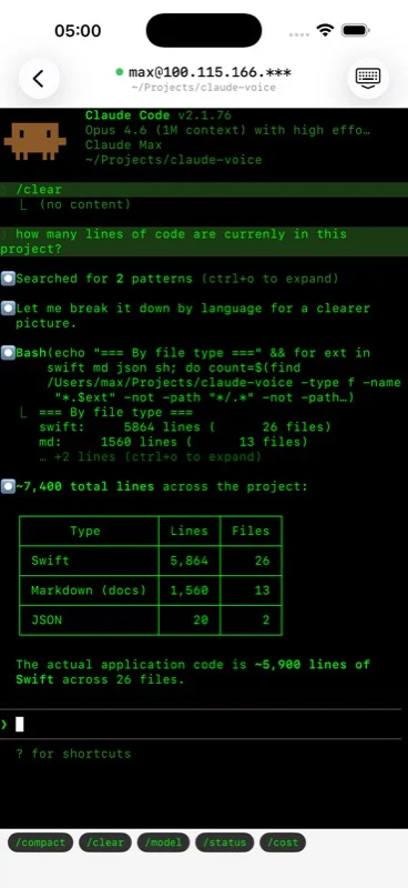 Cortex Relay running an AI coding agent in a terminal on iPhone.