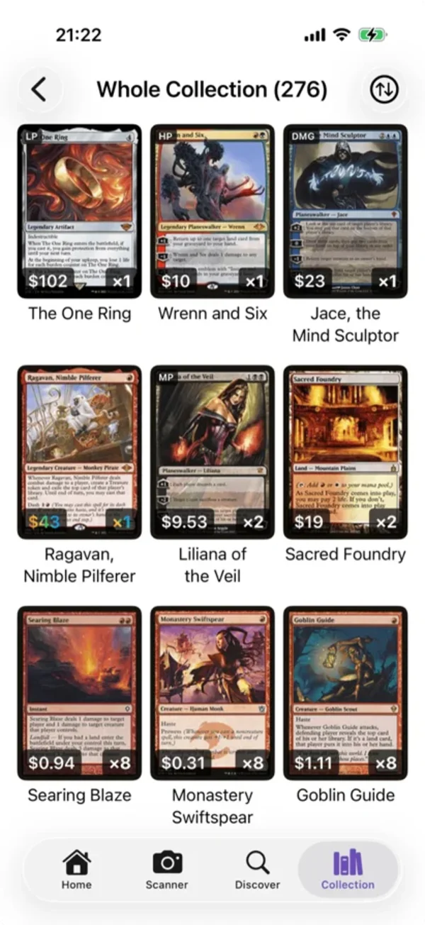 Eldwyn displaying a Magic: The Gathering card collection with card values.